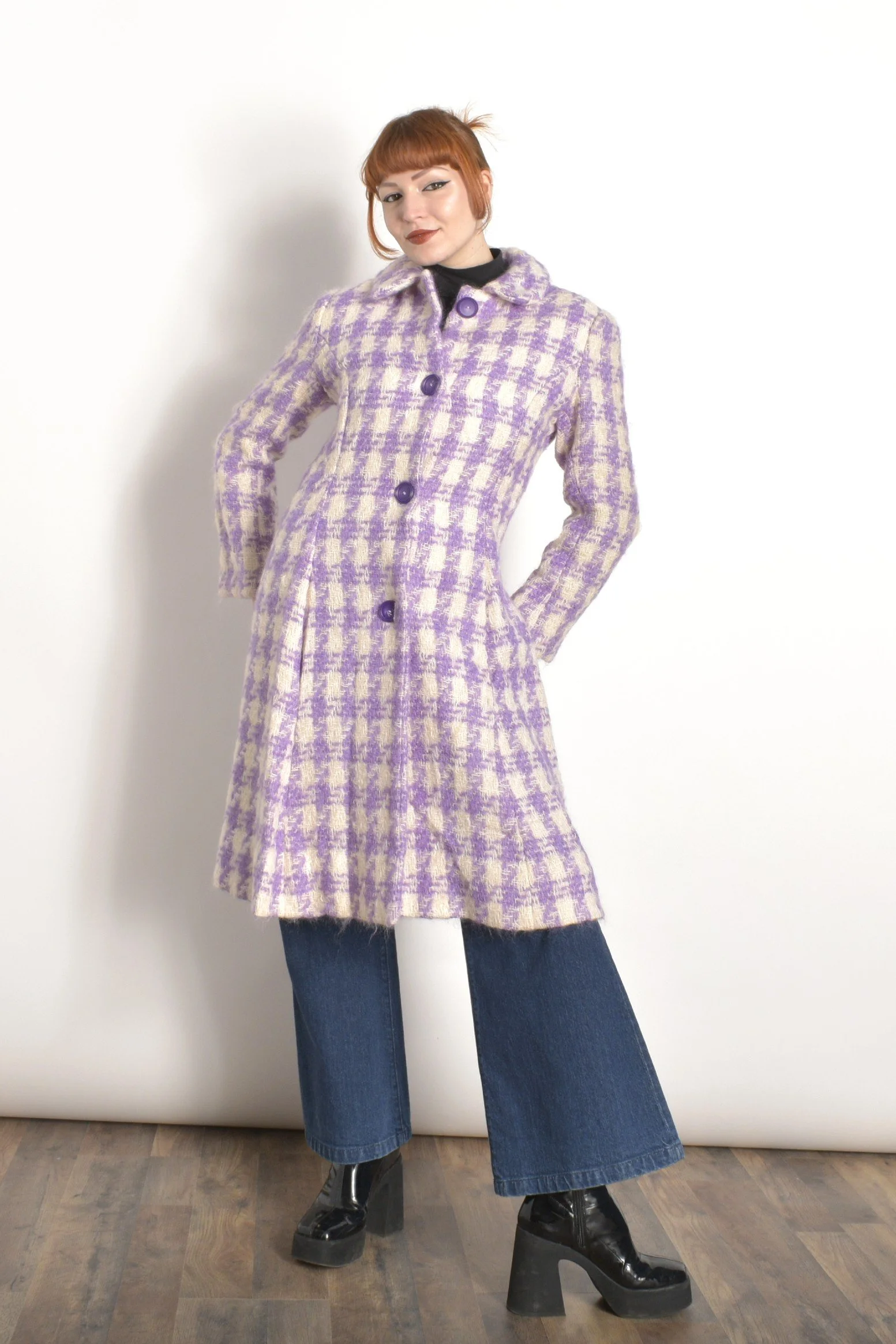 1960s Purple Houndstooth Mohair Coat–S/M — La Poubelle Vintage